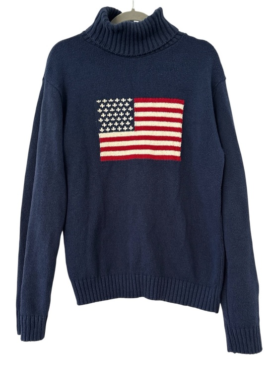 Six Sweaters - Six Vintage American Flag Thick Knit Long Sleeve Turtleneck Sweater in Navy L